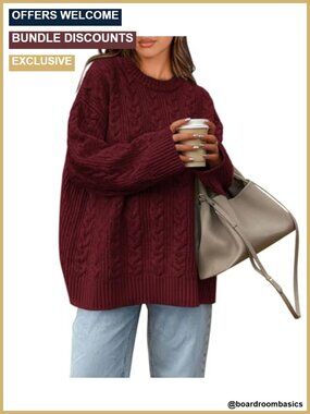 Oversized Cable Knit Crewneck Pullover Sweater Chunky Long Sleeve